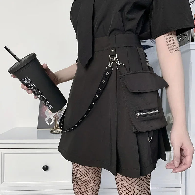 High Waist Black Mini Skirt for Women - Patchwork Bandage Design