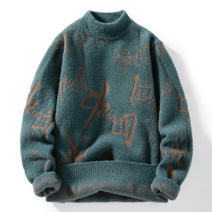 Men's Warm Wool Sweater with Chinese Letter Print