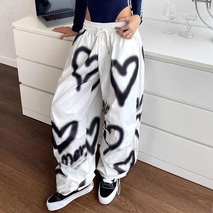 Women’s High-Waisted Wide Leg Joggers with Love Heart Graffiti Print