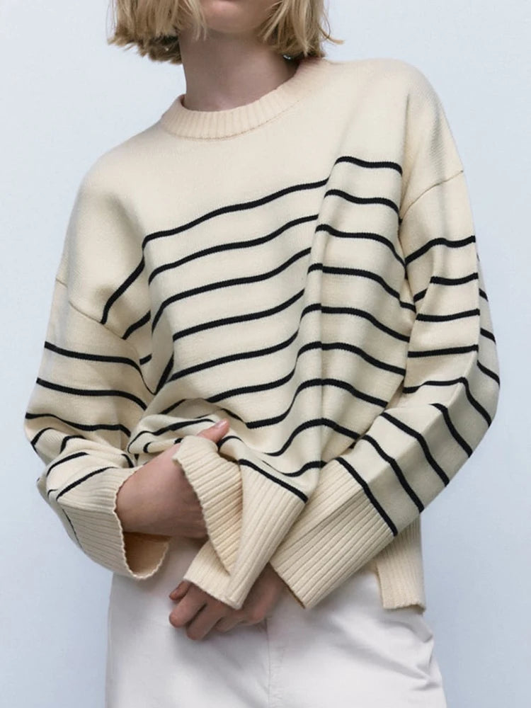 Beige Stripe Oversized Sweater for Women - Long Sleeve Knitted Pullover