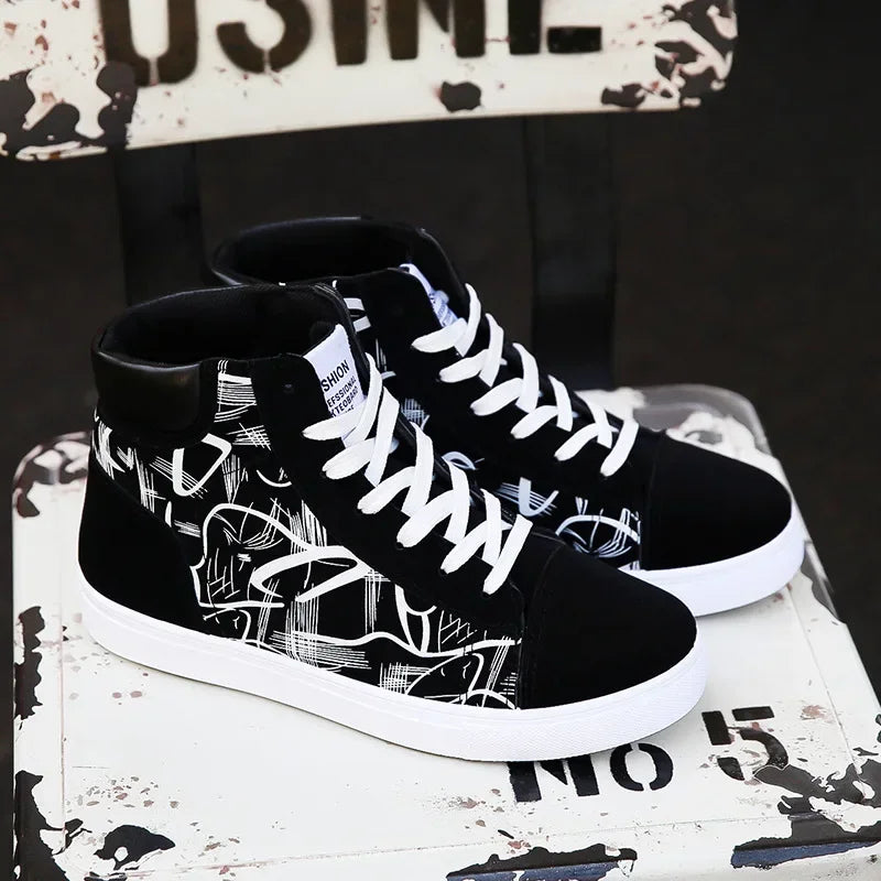 Men's Lace-Up High-Top Canvas Sneakers with Vulcanized Sole