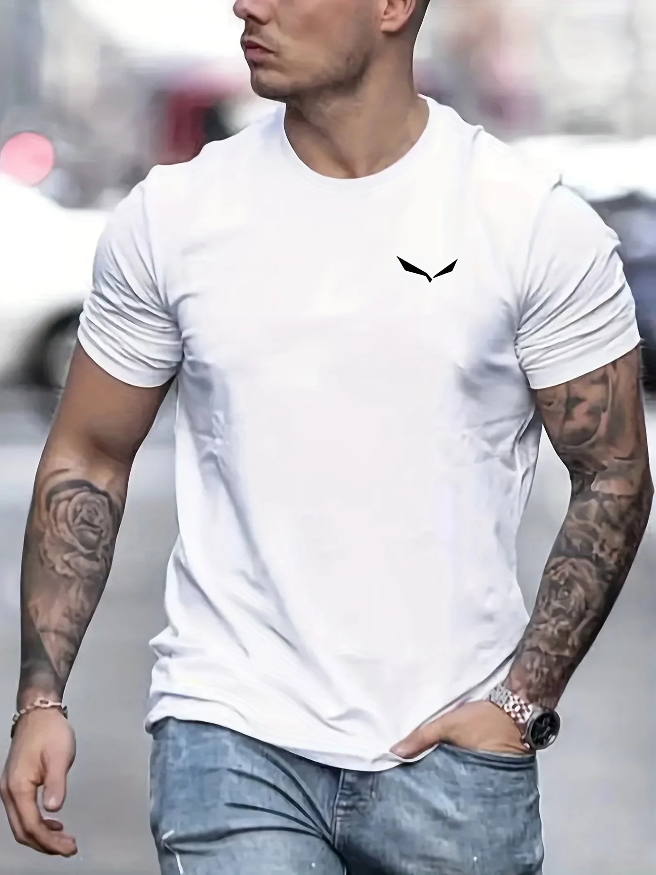 Men's Casual Short Sleeve T-Shirt - Cotton Bird Print, Slim Fit, Loose Size, Round Neck