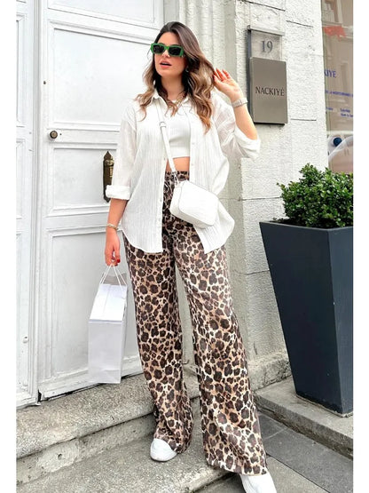 Animal Print Straight Leg Trousers for Women – Slim Fit Casual Style Pants