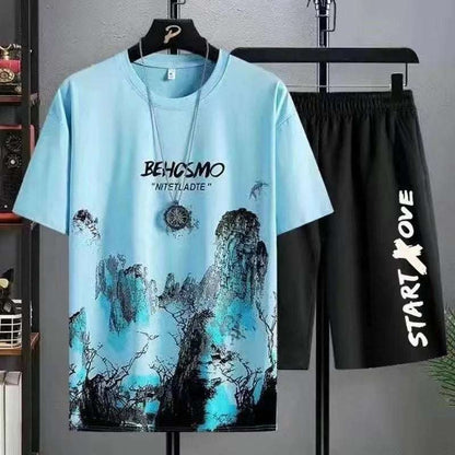 Men's Graffiti Style Two-Piece Set: T-Shirt and Shorts