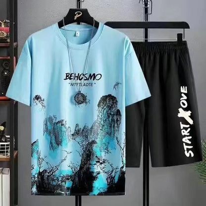 Men's Graffiti Style Two-Piece Set: T-Shirt and Shorts