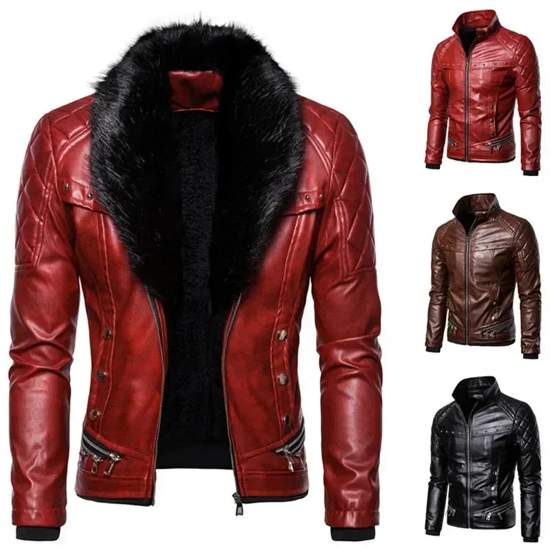 Men's Removable Suede Collar Slim Fit Warm Faux Leather Jacket