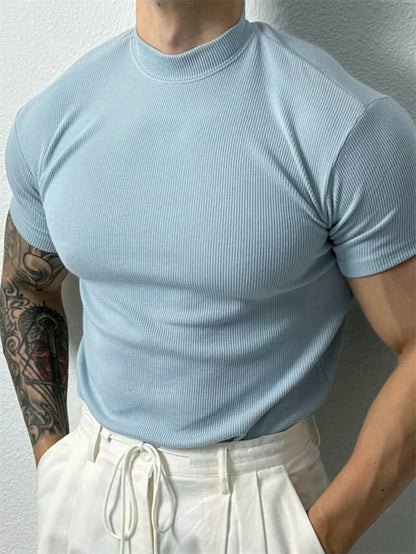 Men's Slim Fit Short Sleeve T-Shirt with High Collar and Stripe Design