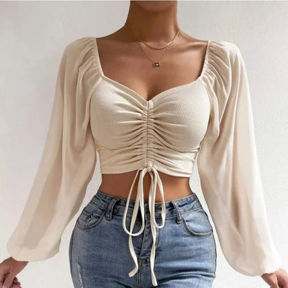 Drawstring Wrap Chest Long Sleeve Blouse for Women - Various Colors