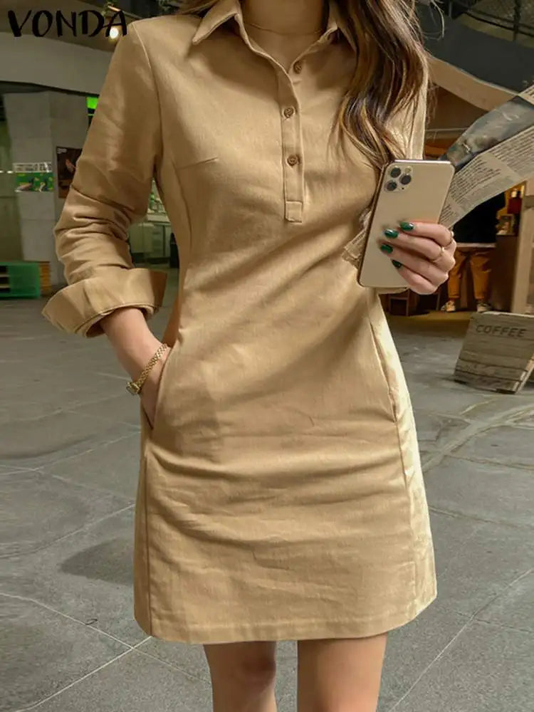 Elegant Long Sleeve Sundress for Women: Loose-Fit with Buttons and Pockets