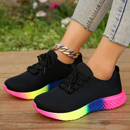 Rainbow Sole Women's Sneakers  - Breathable Mesh Platform Sports Shoes - Non-Slip Lace-Up Design