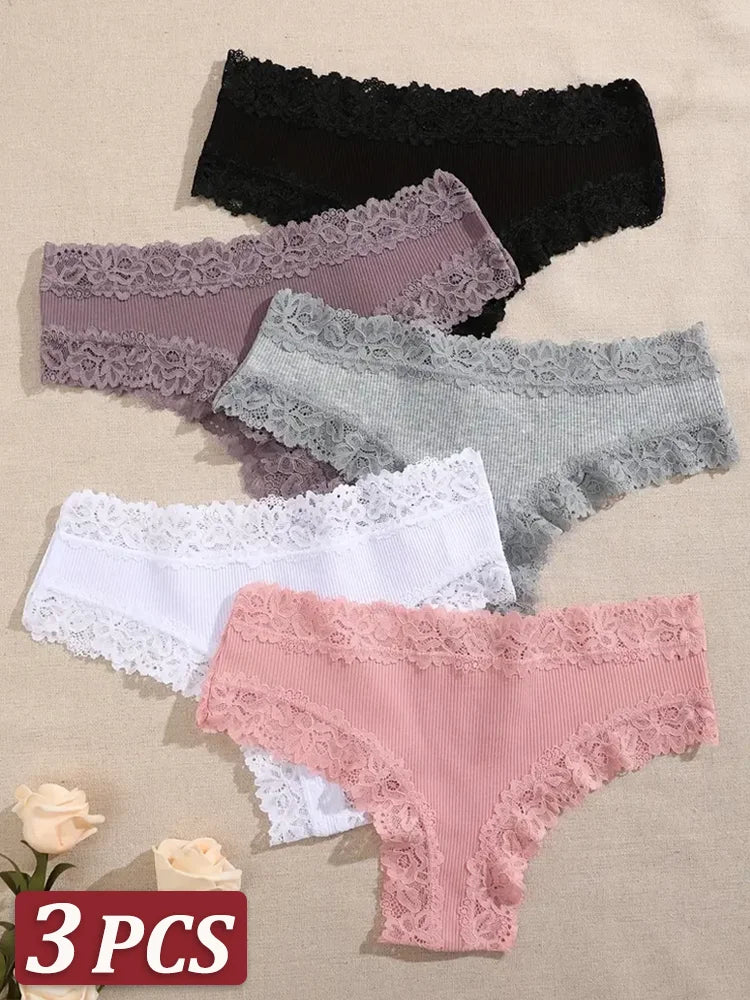 Set of 3 Women's Cotton Lace Panties - Floral Print & Trendy Patchwork Briefs