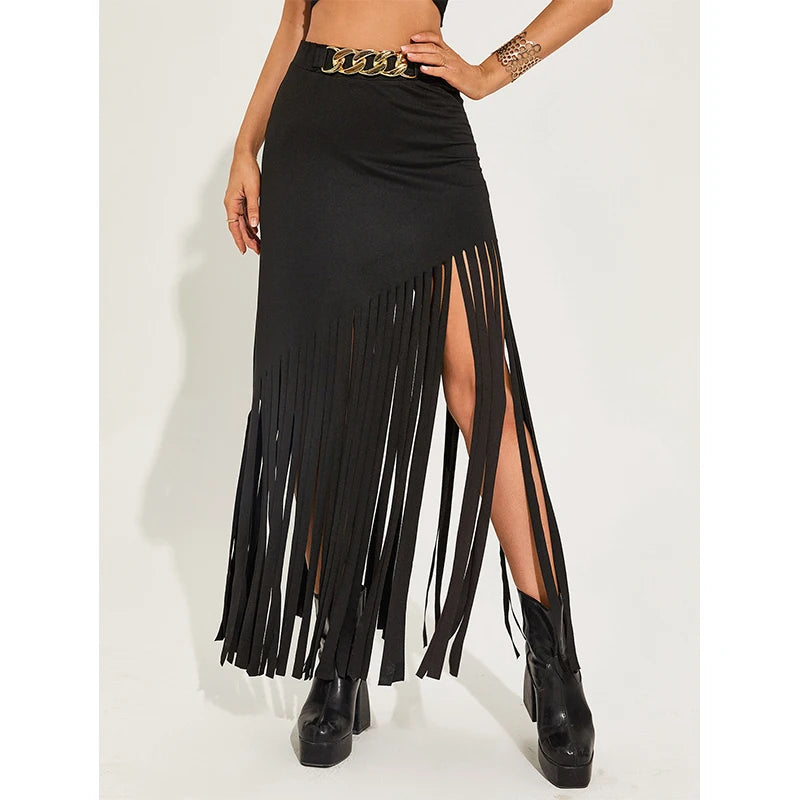 Gothic High Waist Dark Tassel Maxi Skirt with Ring Belt