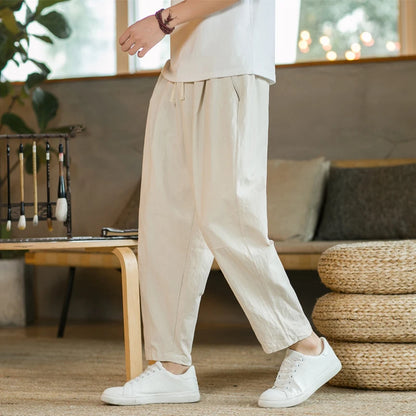 Men's Casual Loose Fit Cotton Trousers - Breathable Drawstring Pants - Various Colors