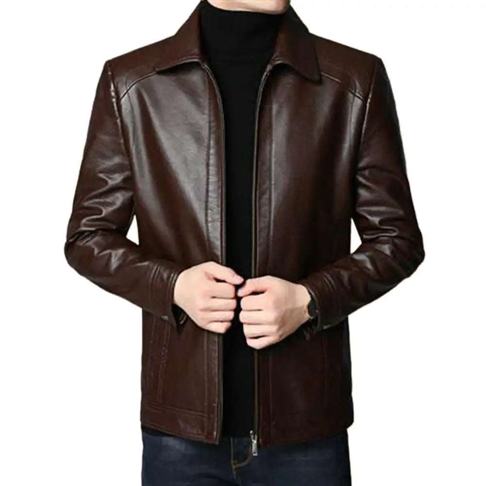 Men's Faux Leather Jacket with Stand Collar and Thick Warm Lining