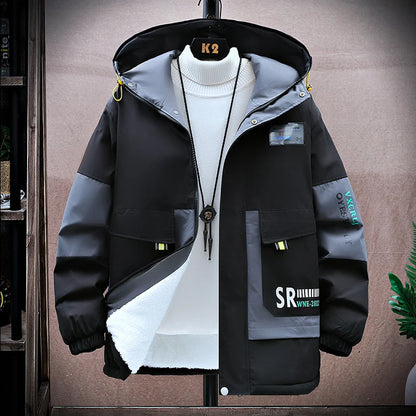 Men's Hooded Jacket with Color Block Design and Thick Insulation