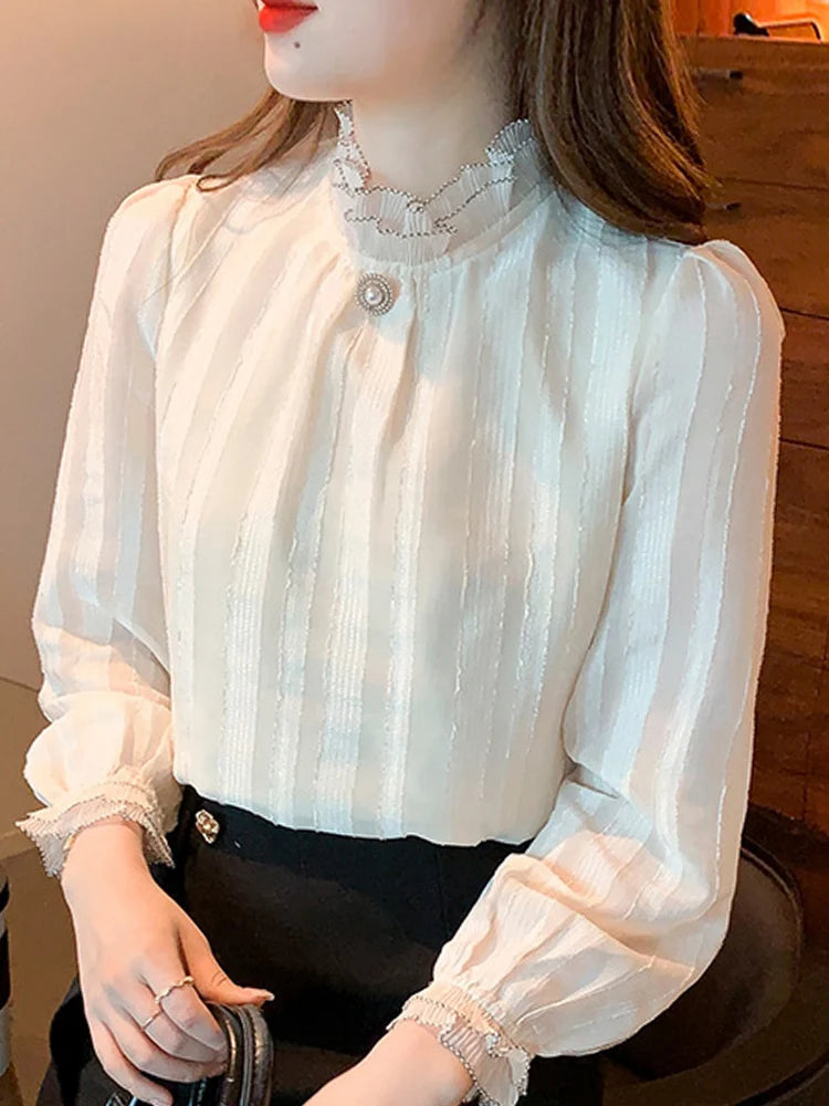 Elegant Women's Long Sleeve Chiffon Blouse Shirt