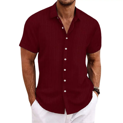 Men's Short-Sleeved Button-Up Shirt with Jacquard Wave Stripe Design