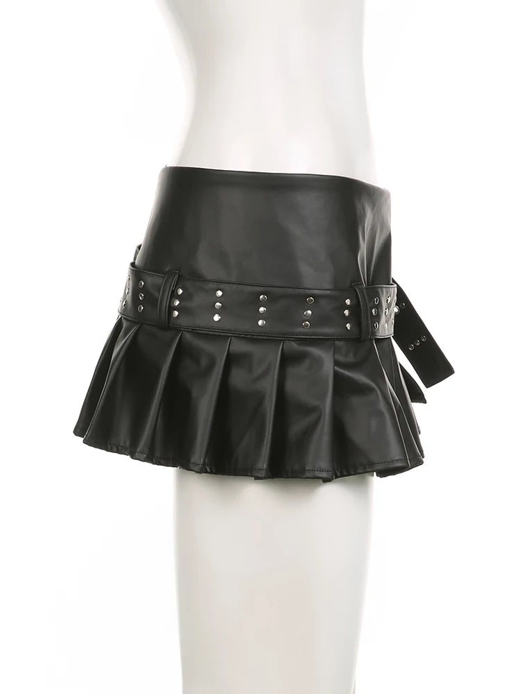 Slim Pleated Split Skirt with Sashes and Metal Buckle - Low Waist Design