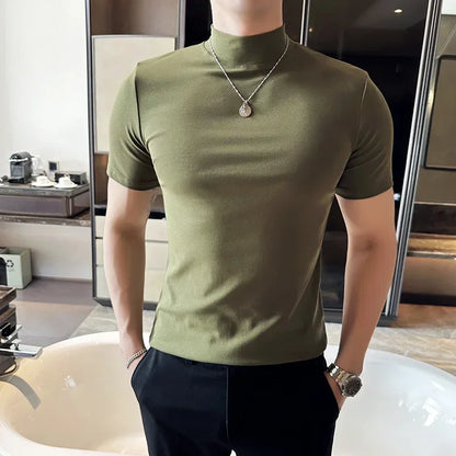 Men's Slim Fit Short Sleeve Turtleneck Cotton T-Shirt - Various Colors