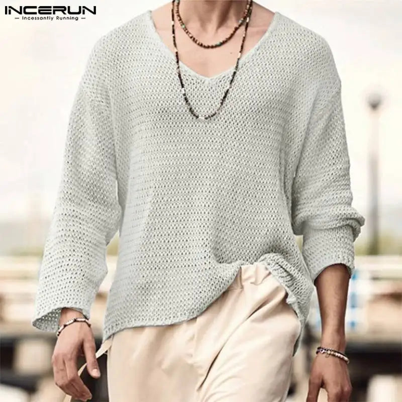 INCERUN Men's V-Neck Sweater with Mesh Design - Various Colors