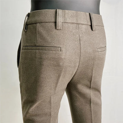 Men's Casual Slim Fit Thickened Woollen Straight Trousers - Various Colors