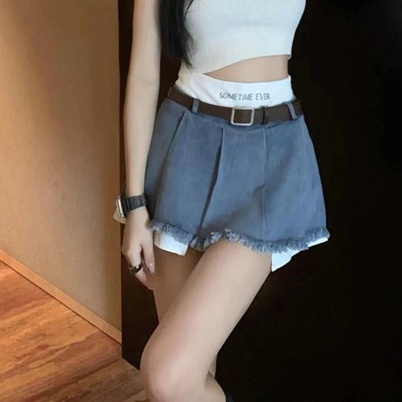 High-Waisted Denim Mini Skirt for Women with Tassel Pleats