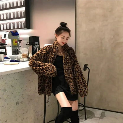 Women's Leopard Print Faux Fur Parka Coat