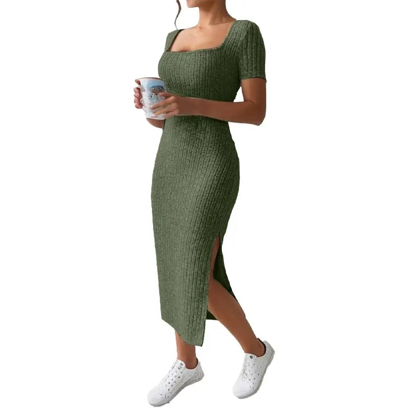 Mid-Length Knitted Dress with Short Sleeves and Slit Detail