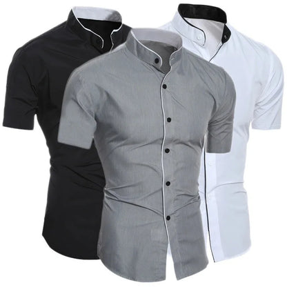 Short-Sleeve Slim Fit Men's Shirt with Stand-Up Collar