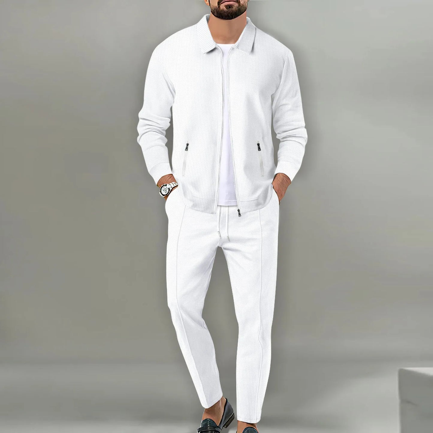 Men's Two-Piece Stand Collar Zipper Jacket and Drawstring Pants Ensemble