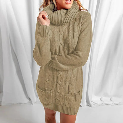 Women's High Neck Long Knitted Sweater Dress - Various Colors