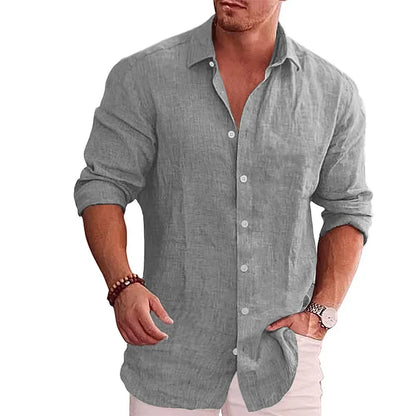 Men's Casual Long-Sleeved Stand-Up Collar Cotton Linen Shirt