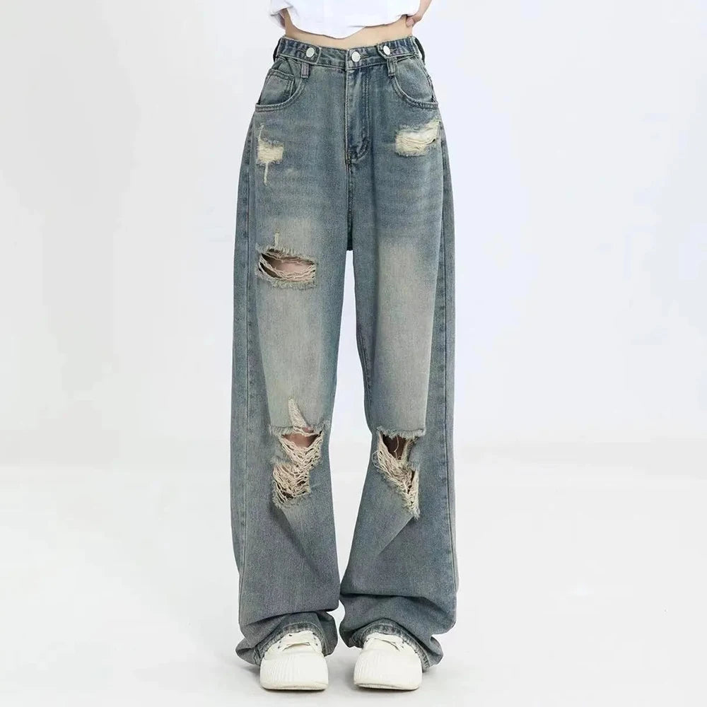 Women's Retro High-Waisted Loose Straight-Leg Jeans with Hole Punched Design