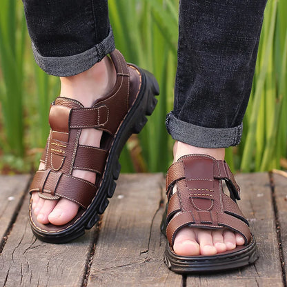 Men's Genuine Leather Sandals - Non-Slip Thick Sole Roman Style