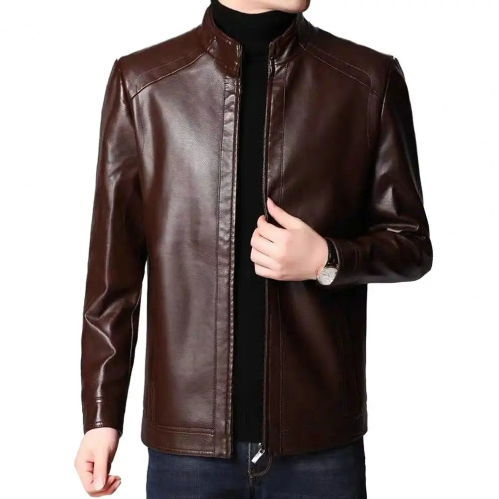 Men's Faux Leather Jacket with Stand Collar and Thick Warm Lining