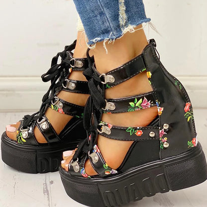 Womens Wedge Sandals - High Heel Platform Shoes with Laces