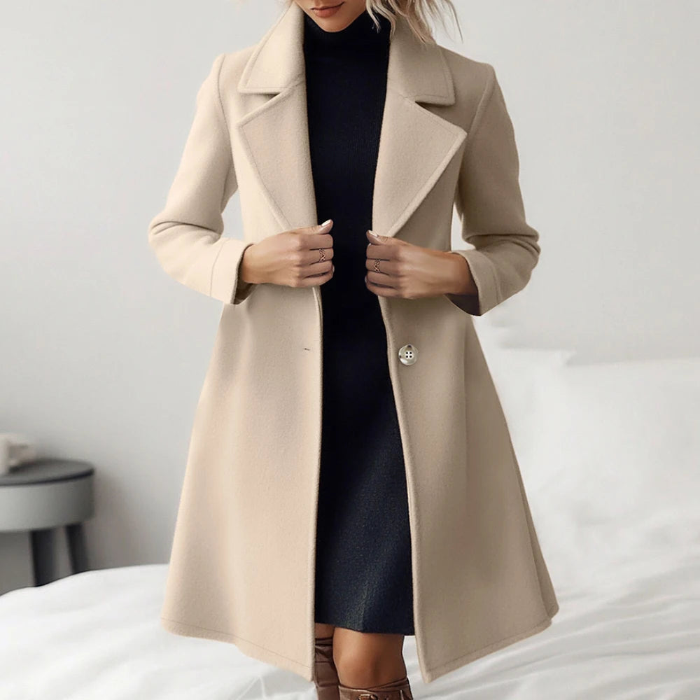 Mia Muse Women's Apricot Single-Breasted Long Sleeve Lapel Coat