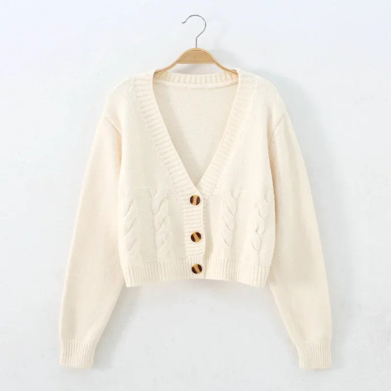 V-Neck Cropped Long Sleeve Knit Cardigan for Women