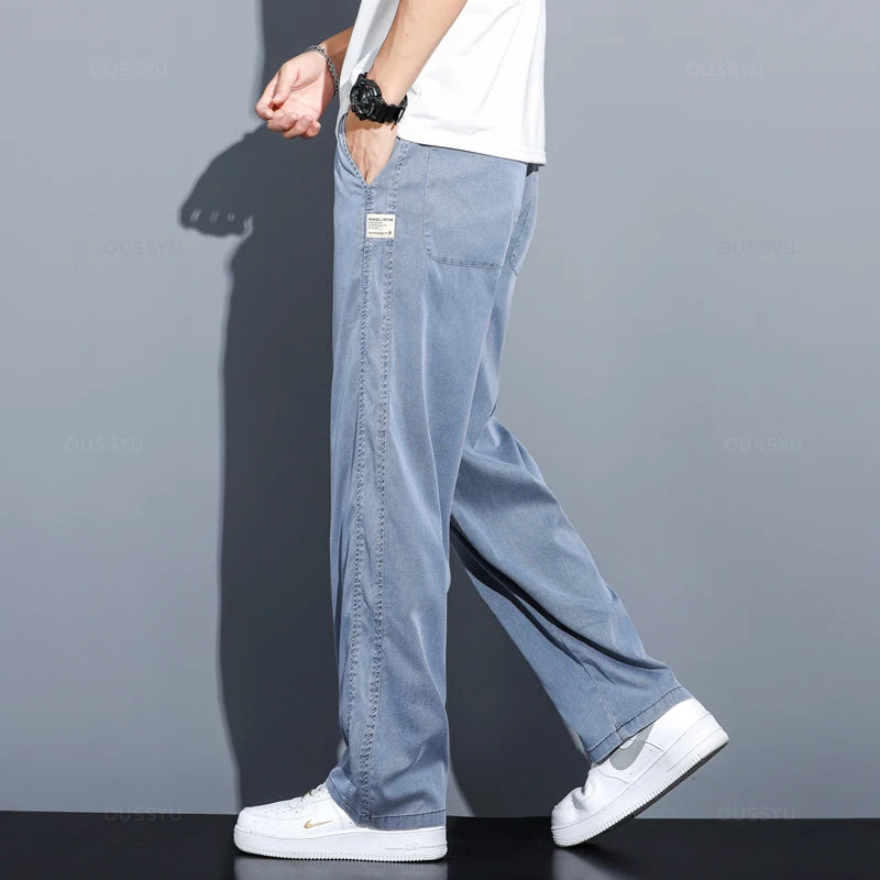 Men's Loose Fit Wide Leg Jeans in Soft Thin Lyocell Fabric with Drawstring Elastic Waist