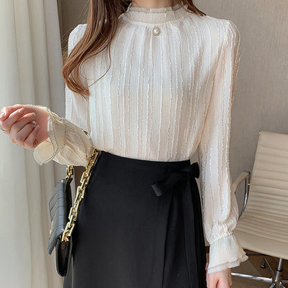 Women's Long Sleeve Lace Chiffon Blouse with Stand Collar