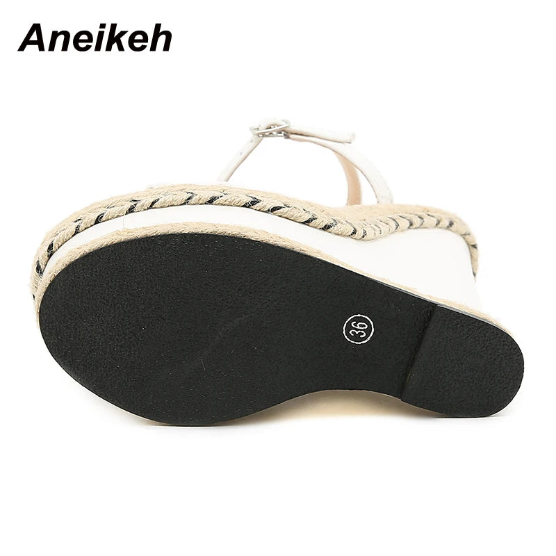 Aneikeh Women's PU Platform Buckle Heels with Woven Slope Design