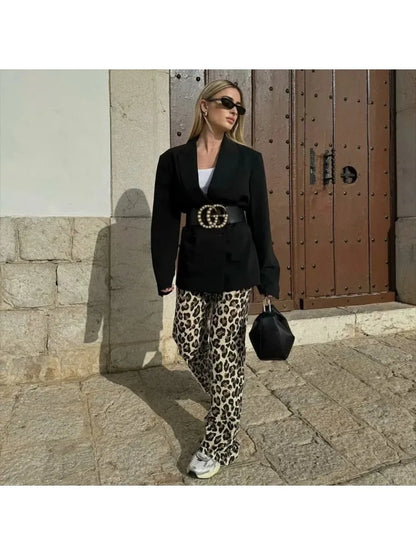 Animal Print Straight Leg Trousers for Women – Slim Fit Casual Style Pants