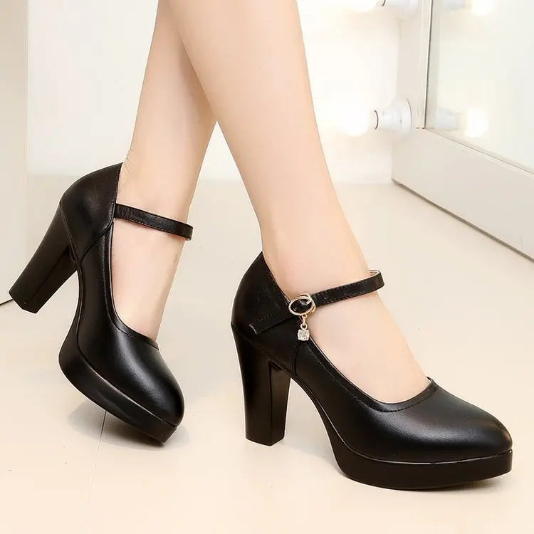 Women's Solid Black Platform Pumps with Buckle - PU Leather High Heels