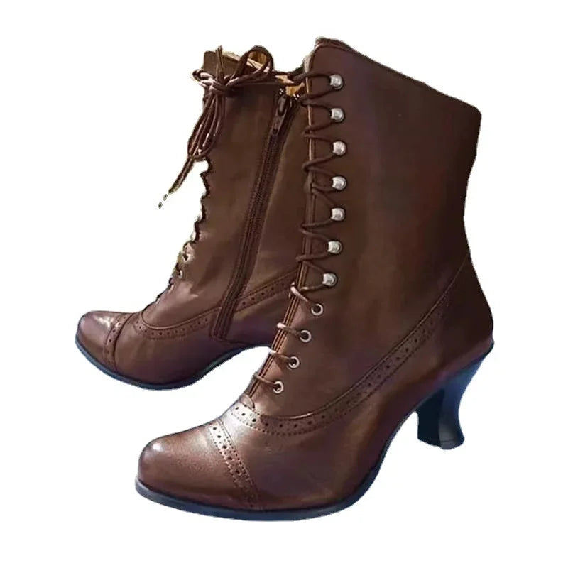 Lace-Up Women's High Heeled Boots with Pointed Toe and Thick Sole