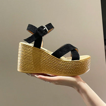 Womens Wedge Heel Sandals- Trendy Platform Design with Buckle