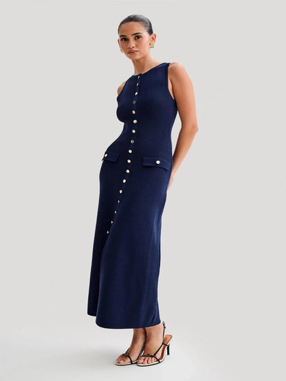 Stylish Women's Long Sleeveless Knitted Dress with Buttons