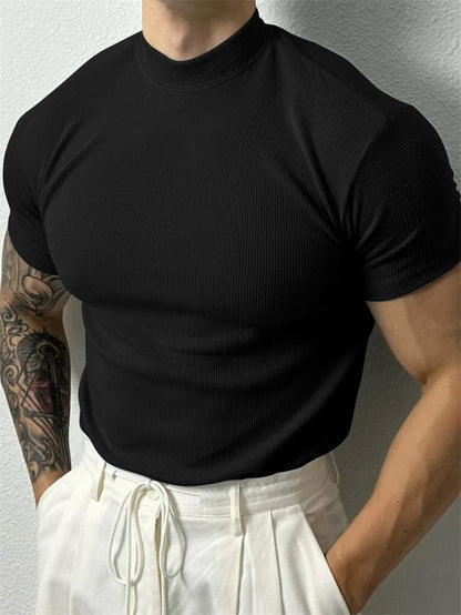 Men's Slim Fit Short Sleeve T-Shirt with High Collar and Stripe Design