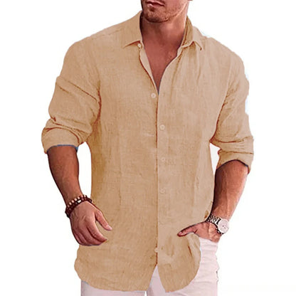 Men's Casual Long-Sleeved Stand-Up Collar Cotton Linen Shirt