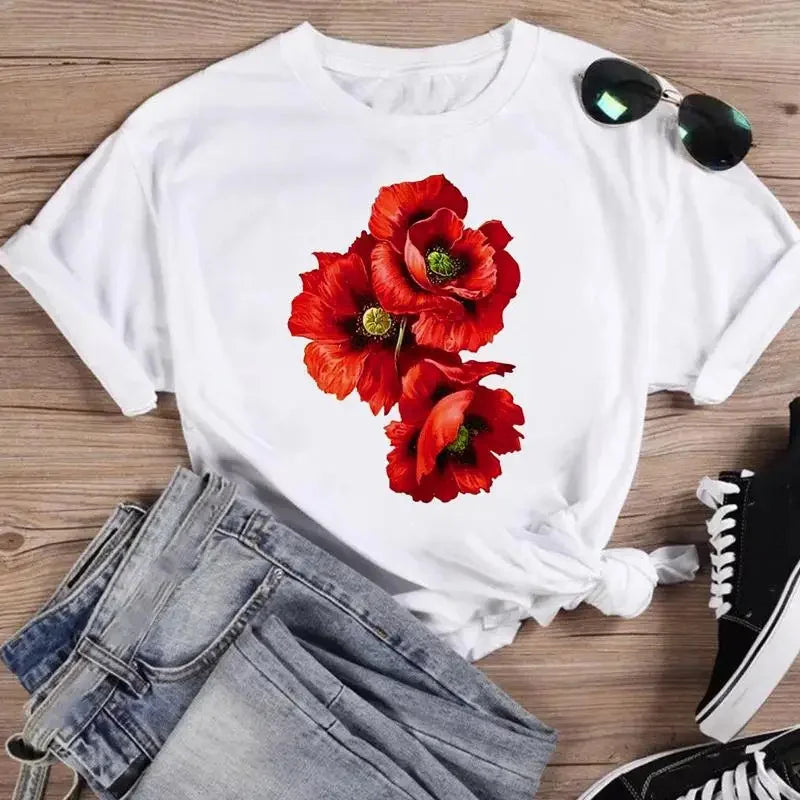 Women's Spring Flower Cartoon Graphic Tee