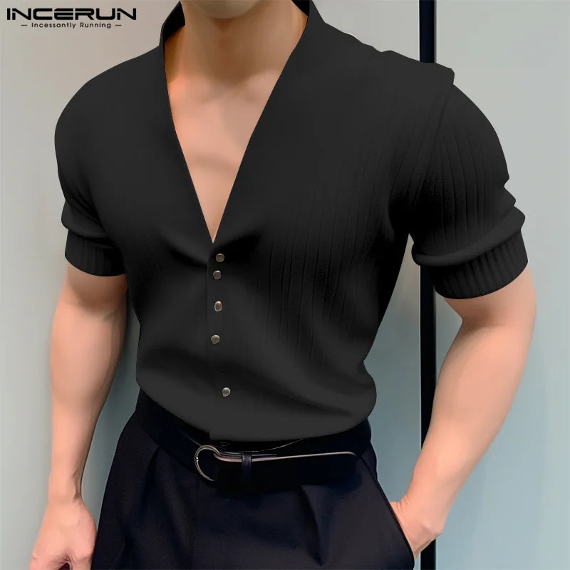 INCERUN Men's Short Sleeve Button-Up V-Neck Shirt